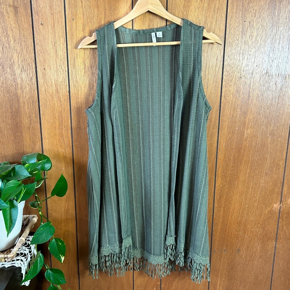 Cato Olive Green Knitted Open Front‎ Fringe Vest Cardigan Womens Medium